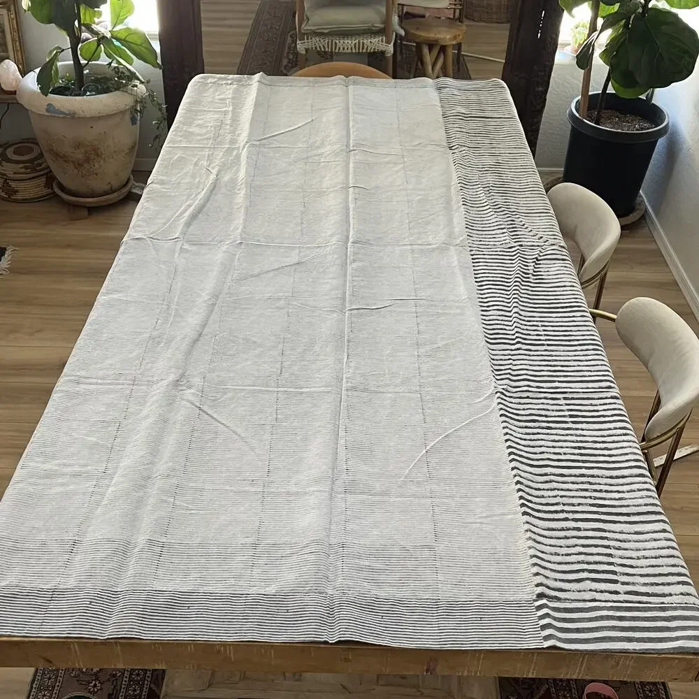 4 CB2 Block Printed Stripe Panel Gray Linen Blend Curtains 48